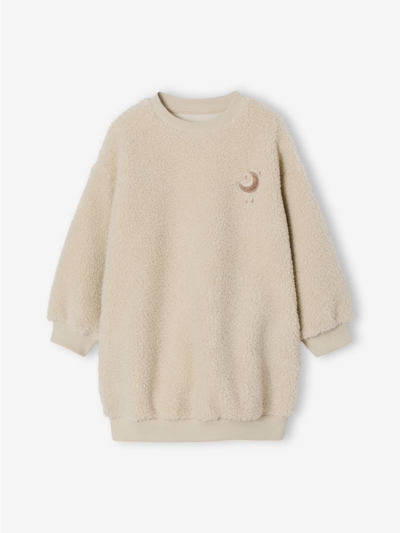 Mädchenkleid aus Teddyfleece mit besticktem Mondmotiv - vanille